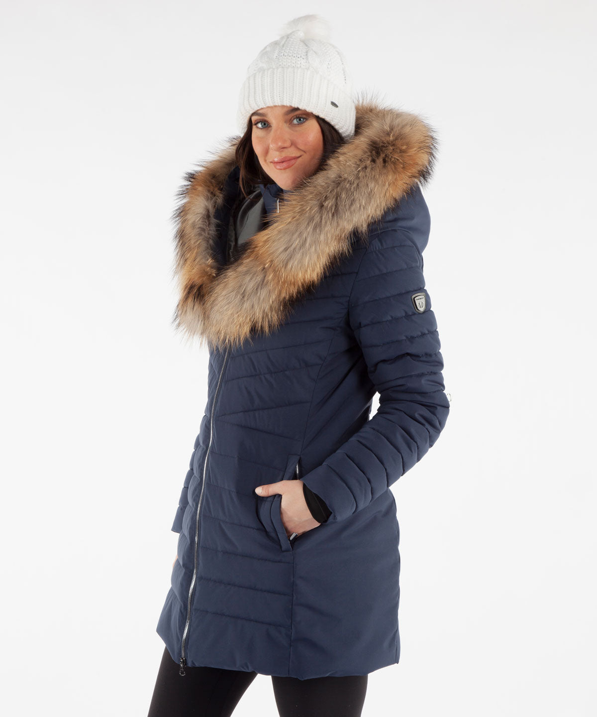 Women&#39;s River Waterproof Quilted 3/4 Coat with Removable Fur Ruff